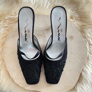 NINA Shoe 7 Beaded Black Leather Sole Elegant Slip-On Mule Vintage Glamour Y2K